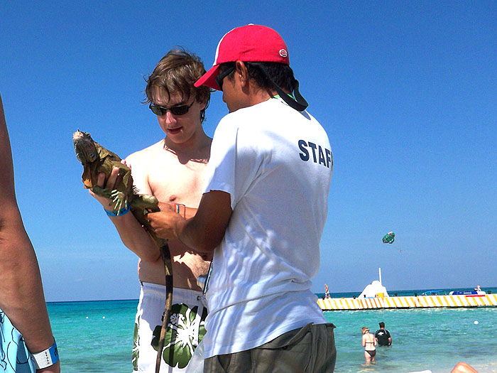 The friendly resort staff lets Ben hold what was later believed to be featured on the beach side buffet.