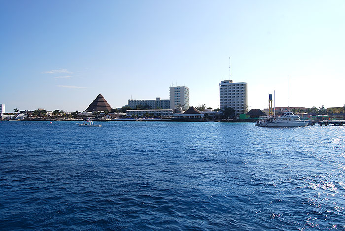 Buildings near the port seen from the ship as it enters Cozumel.