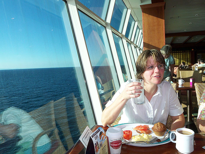 Click to Play related video. Anna enjoys breakfast in the ship's Windjammer Cafe.