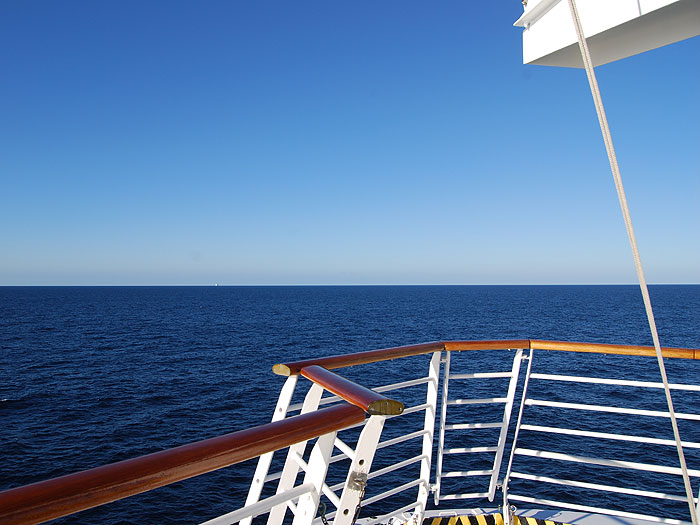 View from the front of the ship while at sea.