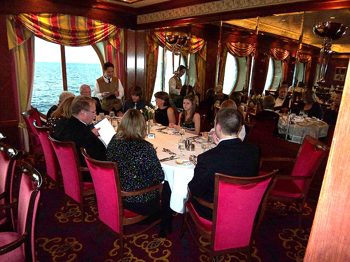 Formal night at our fantastic corner table. Dinner together was our chance to regroup and share our experiences.