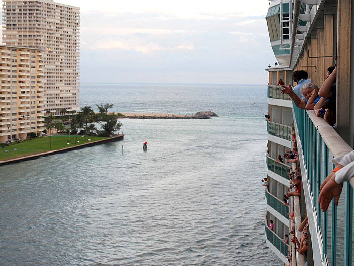 Click to Play related video! A view of Fort Lauderdale from our deck-10 stateroom as the ship sets sail. Glenna waves from her balcony.