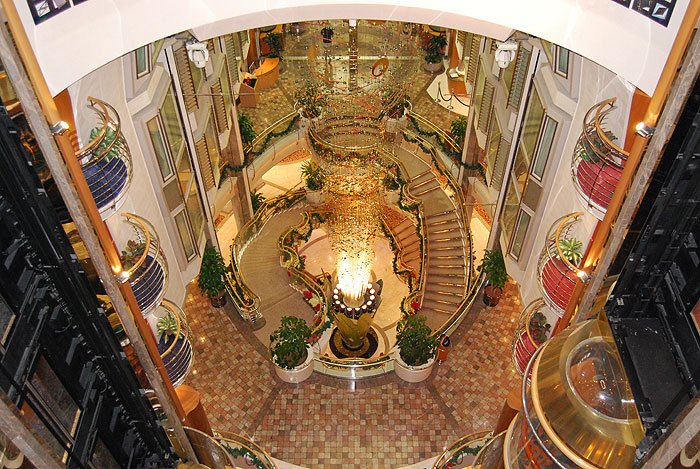 Looking down the 10-story atrium from one of the 4 elevators at this end of the ship.