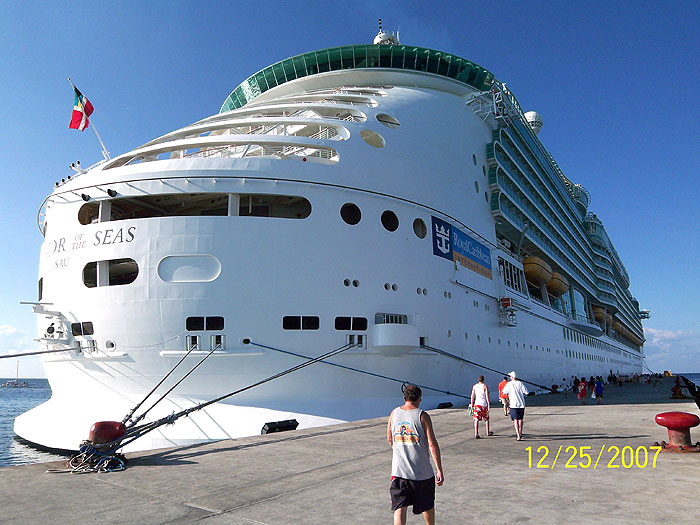 Close-up angle view of Navigator of the Seas in port at Cozumel, Mexico.