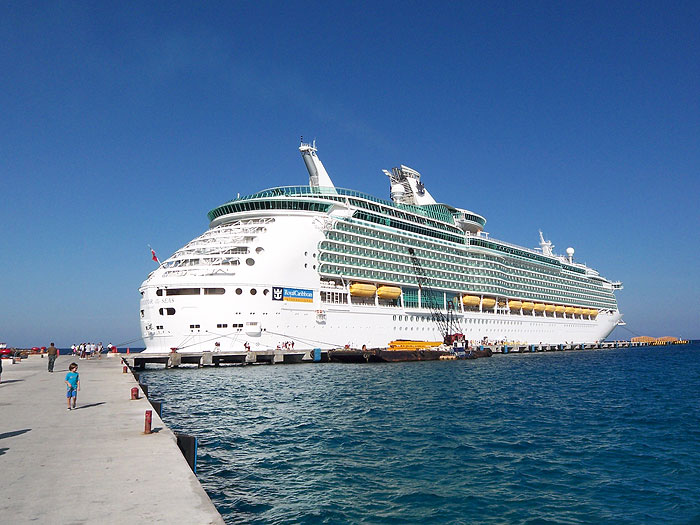 Angle view of Navigator of the Seas in port at Cozumel, Mexico.