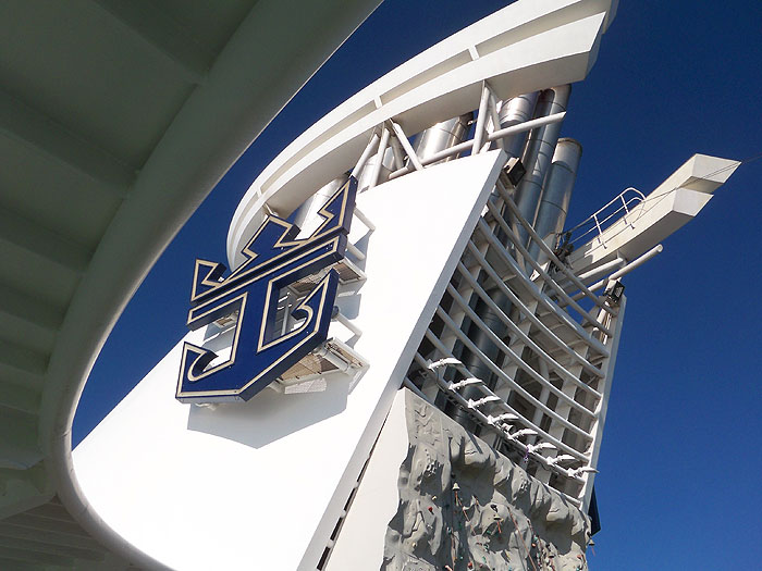 Royal Carribean's logo graces the ship's smoke stacks and the top of the rock-climbing wall.